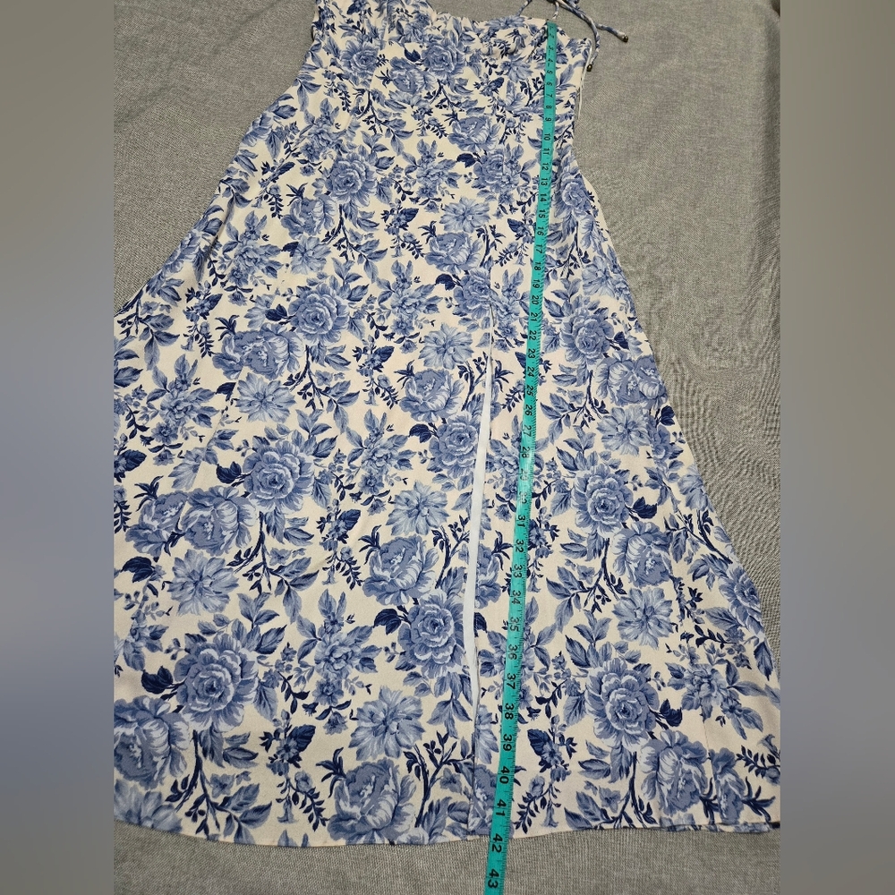 ​Petal & Pup Blue Floral Tie Strap Midi Dress Smocked Back Front Side Slit - Picture 12 of 16